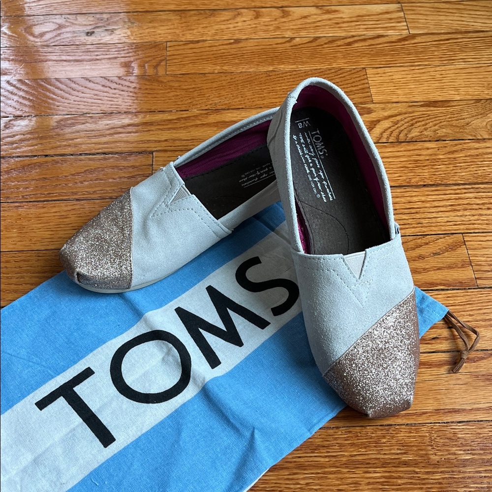 Toms Beige and Gold Suede Flats Size 8